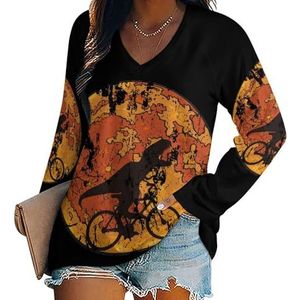 Retro Dinosaurs Ride Bicycle Moon Dames V-hals Shirt Lange Mouw Tops Casual Losse Fit Blouses