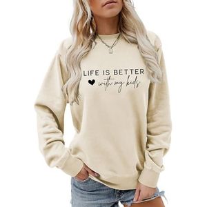 Life Is Better with My Kids Sweatshirt voor vrouwen grappige liefde hart print shirts lange mouw jas tops (XXL, beige), Beige, XXL