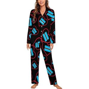 I Love Botswana Rood Hart Vrouwen Lange Mouw Button Down Nachtkleding Zachte Nachtkleding Lounge Pyjama Set XL