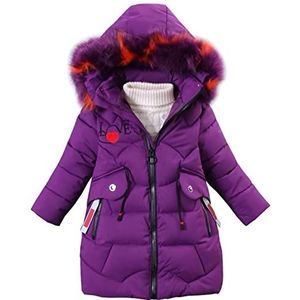YFPICO Donsjack voor kinderen, meisjes, gevoerde jas met capuchon, bont, winterjas voor meisjes, dikke jas, warm, winddicht, Paars, 4-5 Jaren