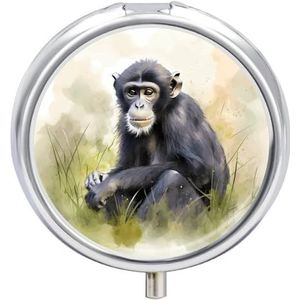 KLOPH Pillendoos 3 compartimenten kleine pillenetui voor portemonnee en zak handgetekende chimpansee ronde pillendoos schattige vitamines visolie supplementen olie opbergdoos draagbare pillen bevatten
