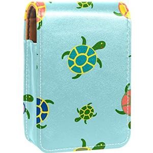Make-up Lipstick Case voor Buiten Cartoon Zeeschildpadden Schattig Patroon Blauwe Achtergrond Draagbare Lippenstift Organizer met Spiegel Dames Mini Make-up Tas Neemt Tot 3 Lippenstift
