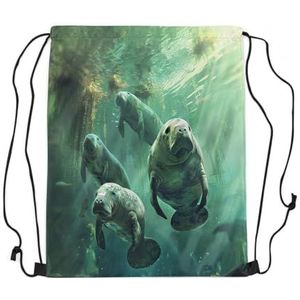 222 Trekkoord Tassen Manatee Cartoon Zee Nautische Dieren Marine Leven Gym Sack Lichtgewicht Trekkoord Rugzak Geschikt Zwemmen Tas Voor Reizen Vakantie Running 36x42cm