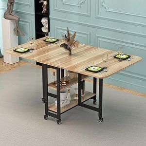 Opvouwbare eettafel met 6 wielen, mobiele opvouwbare eettafel met 2-laags opbergrek, for 4-6 personen, eetkamertafel met metalen frame en houten plank, eenvoudige montage (Color : Light Walnut, Size