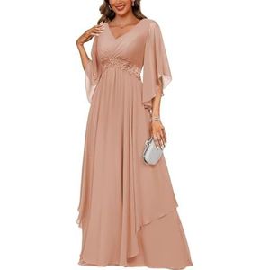 KIYNE Dames V-hals chiffon moeder van de bruid jurken met mouwen kant applicatie elegante avond formele feestjurk, Blush Roze, 32