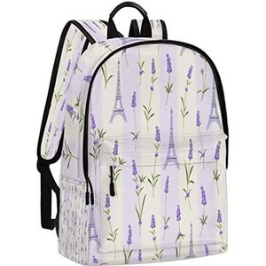 OKCELL 17 Inch Lederen rugzak voor school kinderen rugzak Vrouwen heren rugzakken, Lavendel Bloemen en Eiffeltoren, 17 Inch