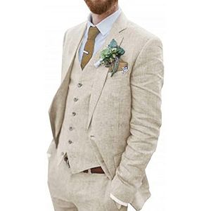 Retro blauw linnen pak for mannen casual bruiloft pak for mannen SEERSUCKER pak slim fit 3 stuks jas blazer bruidegom smoking (Kleur : Beige, Maat : 50)