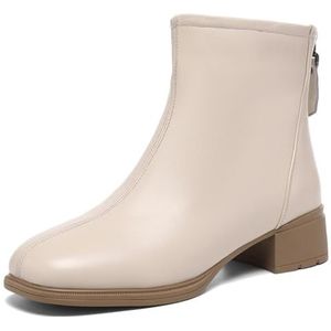 Sekiueo Dames Enkellaarsjes Met Vierkante Neus Dikke Hak Leren Laarzen Met Rits Voor Wandelen En Werk,Beige,34 EU