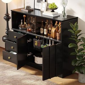 boorbin Keukenkast, sideboard met glazen deuren, opbergkast, buffetkast voor keuken, eetkamer en woonkamer, zwarte kast, rokerige glazen deuren, 120 x 33 x 95 cm