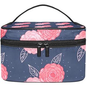Make-uptas met blauwe schaalpatroon voor vrouwen meisjes cosmetische tassen met handvat reizen make-up organizer tas, Blauwe roos patroon, 8.9x5.9x5.4 Inches, Make-up zakje
