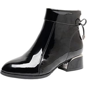 Dames Jurk Laarzen Lakleer Winter Enkellaarsjes Warm Pluche Chunky Heel Spitse Rits Zachte Onderkant,zwart,37 EU