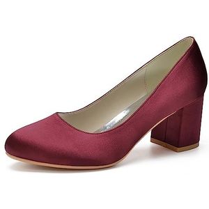 HFWXYSA Womens Dress Pumps Chunky Hakken voor Vrouwen Ronde Teen Mid Block Heels Slip On Pumps Schoenen voor Office Lady Dancer Trouwschoenen,Wine red,35 EU