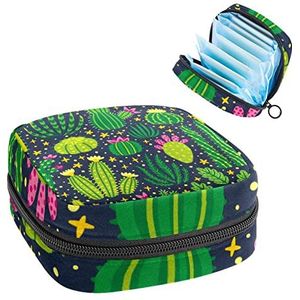 Periode Pouch Draagbare Tampon Opbergtas,Tampon Houder voor Portemonnee Vrouwelijke Product Organizer,Cartoon Cactus Bloem Patroon, Meerkleurig, 4.7x6.6x6.6 in/12x17x17 cm