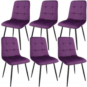 WAFTING Set van 6 eetkamerstoelen, gestoffeerde stoel met hoge rugleuning en Nederlands fluwelen design, eettafelstoelen met metalen voet, voor eetkamer, woonkamer en ontvangstruimte, paars