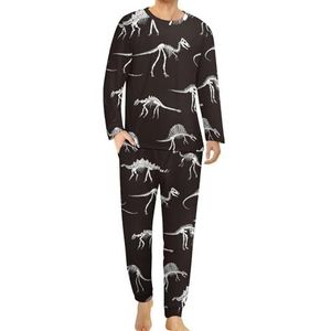 Dinosaurus skelet in het donker comfortabele herenpyjama set ronde hals lange mouwen loungewear met zakken L