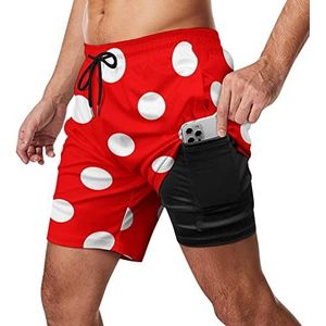 Rood Wit Polka Ladybug Dot Heren Zwembroek Sneldrogende 2 in 1 Strand Sport Shorts met Compressie Liner En Pocket