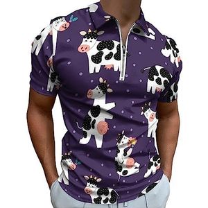 Poloshirt met grappig koeienpatroon voor mannen, casual T-shirts met ritssluiting en kraag, golftops, slim fit