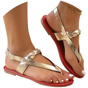 Vrouwen Thong Sandalen 2025 Zomer Nieuwe Flat Flip Flops Vintage Romeinse Sandalen Clip Toe Sandalen PU Lakleer Peep Toe Slippers Boheems Strand Schoenen(Gold,43 EU)