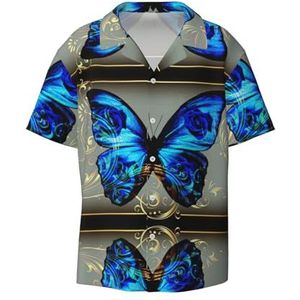 TyEdee Blauwe vlinderprint heren korte mouw overhemden met zak casual button down shirts business shirt, Zwart, XXL