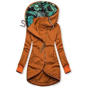 Warme hoodie voor dames, lang patchwork, modieus, losse opstaande kraag, capuchon, middellange ritssluiting, gebreide trui, vintage, lange mouwen, rits, mantel, sweatshirt voor herfst en winter, geel, Medium,