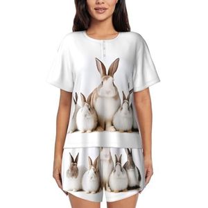 ELSMZXZD Damespyjama-set wit konijn - zachte comfortabele pyjamaset met korte mouwen en ronde hals, ademende zomernachtkleding, loungewear set met zakken, S-4xl, 3 D, S