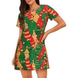Zelinge Dames zomer nachthemd nachthemd zacht nachthemd comfortabele loungewear S-3XL, Kerstbomen Groen Rood Goud, S
