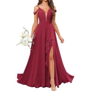 HPPEE Avondjurk voor dames, V-hals, blote schouders, bruidsmeisjesjurk met split en ruches, Woestijnroos, 32