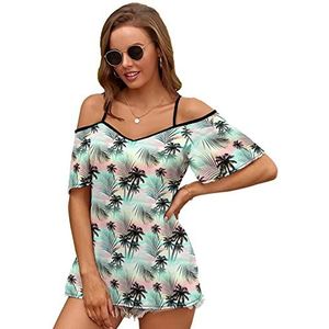 Tropische zomer palmboom vrouwen blouse koude schouder korte mouw jurk tops t-shirts casual t-shirt XL