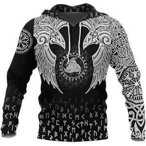 Odin Keltische Raven Rune Hoodie, Unisex Viking 3D Digitale Print Ademende Polyester Sport Korte Mouwen, Herfst Lange Mouw Grote Zak Pagan Vegvisir Jas(Zip Hoodie,XXL)