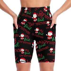 My First Christmas Santa Yoga-bikershorts voor dames, hoge taille, trainingsbroek met zakken