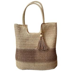 Strotas, strandtas, zomer, gevlochten boodschappentas met kwastjes, grote schoudertas voor dames, strotassen en handtassen, boho rotan bast, zomertassen, Beige, Eén maat