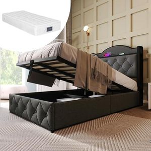 VSOGA Gestoffeerd bed met USB type C oplaadfunctie, eenpersoonsbed, 90 x 200 cm, opbergbed met lattenbodem van metalen frame, grijs (met matras)