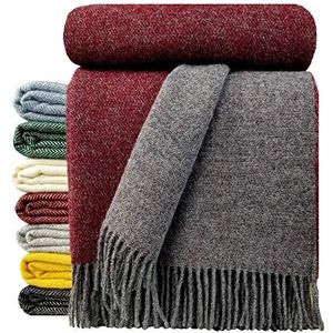 STTS International Wollen deken, 100% scheerwol, woondeken in verschillende kleuren, sprei, scheerwollen deken, plaid Tirol (grijs/rood (dubbelzijdig), 140 x 200 cm)
