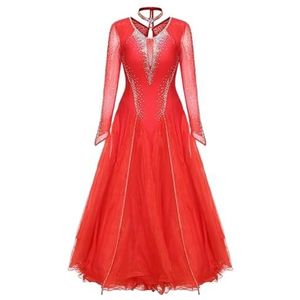 Rood,3XL,Hynyjxjy Ballroom Dansjurken Met Lange Mouwen Professionele Nationale Standaard Danskleding Voor Dames Wals Dansoutfit Met Strass Tango Danskleding Met Grote Swing