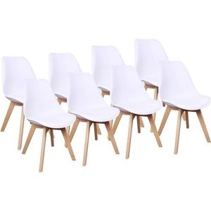 Herbalady Ergonomische stoelen, set van 8, Scandinavische houten poten van beukenhout, met geïntegreerd kussen, voor woonkamer, keuken, eetkamer, kantoor, bar (wit)
