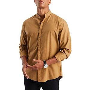 Leif Nelson Linnen overhemd voor heren met opstaande kraag/gemengd van linnen en katoen/vrije tijd en zakelijk/met oprolbare korte mouwen dankzij aangenaaide knoop, camel, L