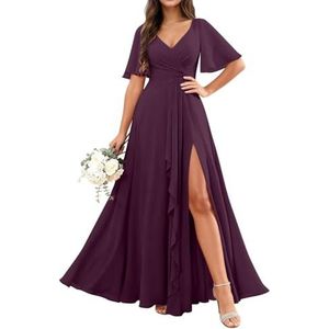 KURFACE Chiffon bruidsmeisjesjurken met mouwen split ruches lange bruidsmeisje formele avondjurk, Pruim, 32