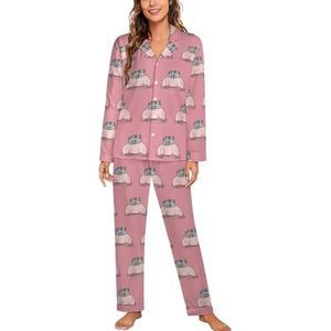 Leuke Blobfish En Kat Vrouwen Lange Mouw Button Down Nachtkleding Zachte Nachtkleding Lounge Pyjama Set S