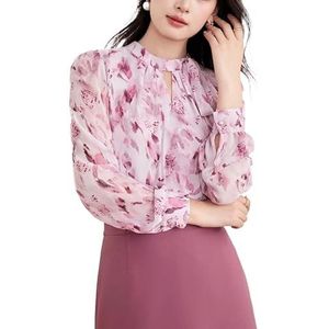 ROUZIHU Stand Kraag Bloemen Chiffon Shirt Woon-werkverkeer Stijlvolle Lange Mouw Vrouwen Shirt, Roze, XXL