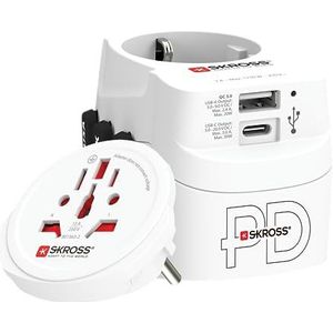 Skross Wereld Pro Light Reisadapter - Met USB-A en USB-C PD Oplaadpoort - Geaard - Wit