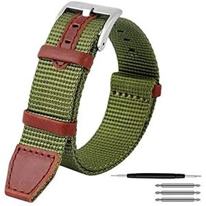 Horlogebandjes voor mannen en vrouwen, horlogeband 20/22mm Vintage Nylon en Echt Leer Splicing Horlogeband Ademend Anti-zweet Horlogeband for Wijzerplaat quartz Horloge (Color : Army Green Silvery Cl