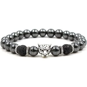 Handgemaakte kralenarmband, Gepolijste zwarte steen met zilverachtige luipaard lava Stong Spacer Chakra armband rekbaar damessieraden cadeaur