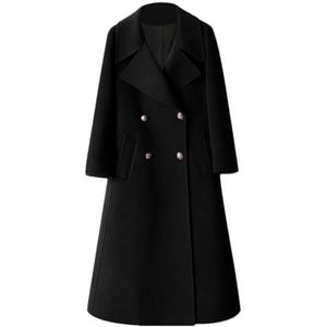 Dvbfufv Wintermode voor dames, losse pasvorm, lange wollen jas voor dames met dubbele rij knopen, Zwart, XXL