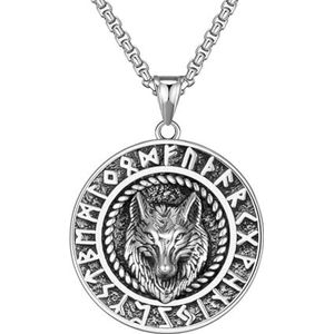 Noorse Fenrir Wolf ketting for mannen vrouwen, Geri & Freki 24 Rune Amulet roestvrijstalen hanger, Viking mythologie symbool sieraden cadeau