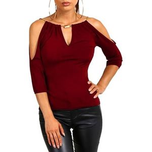 EMOTTOS Elegante damestop met V-hals, uniek 3/4-mouwen, los casual T-shirt met beweegbare ketting, zomer, off-shoulder faux chiffon, blote schouders, blouse, tuniek, top, T-shirt (2-stijl), 01-rood, L