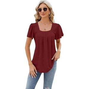 Tshirts Women Women'S Pleated Hollow Square Neck Jacquard Short Sleeve Swallowtail T-Shirt Women-Liquor-Xxl