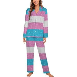 Glitter Transgender Pride Vlag Lange Mouw Pyjama Sets Voor Vrouwen Klassieke Nachtkleding Nachtkleding Zachte Pjs Lounge Sets
