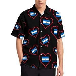Love Nicaragua Red Heart T-shirt met korte mouwen voor heren, casual knoopsluiting, zomer, strand, top met zak