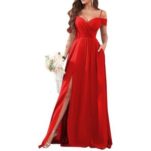 Dames chiffon bruidsmeisjes jurken met split lange galajurken ruches cocktailjurk plus size, Rood, 32