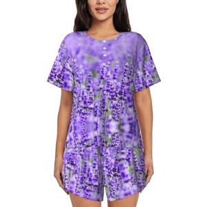 JIAWUJYNB Paarse Lavendel Print Vrouwen Korte Mouwen Pyjama Set Pyjama Lounge Set Met Zakken,, Zwart, S